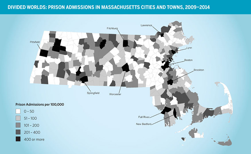 Map graphic showing prison admissions in Massachusetts cities and towns from 2009-2014