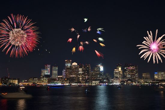 Fireworks display over the Boston City Skyline