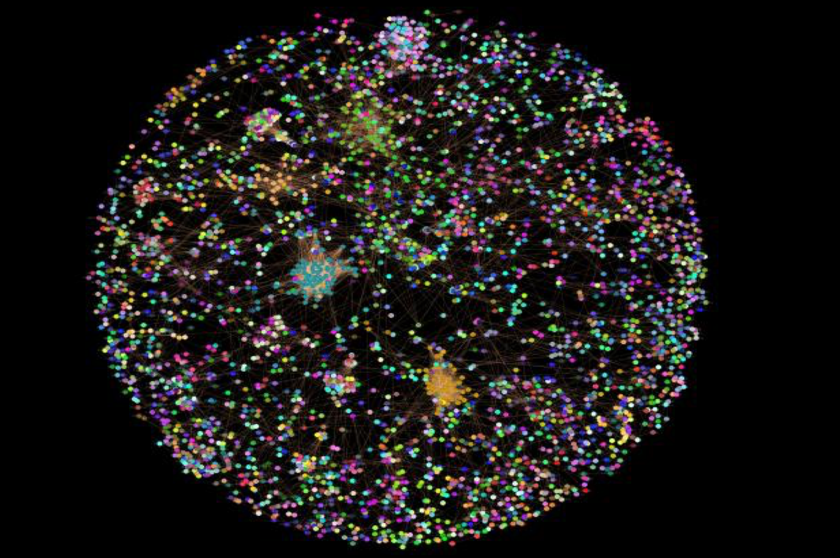 A map of human protein interactions, from a 2012 Cell study, a collaboration between Emili and Edward Marcotte of the University of Texas, Austin. The spheres, or dots, are proteins; the lines are interactions between proteins. Emili explains: “The network layout reflects local clustering of proteins to form specific macromolecules—stable complexes—while the broader connectivity between these assemblies shows crosstalk underlying biological circuits and cellular processes. Many of the complexes identified in the study were previously unknown and/or have links to human disease, providing valuable insights into pathobiological mechanisms.” Image courtesy of Emili