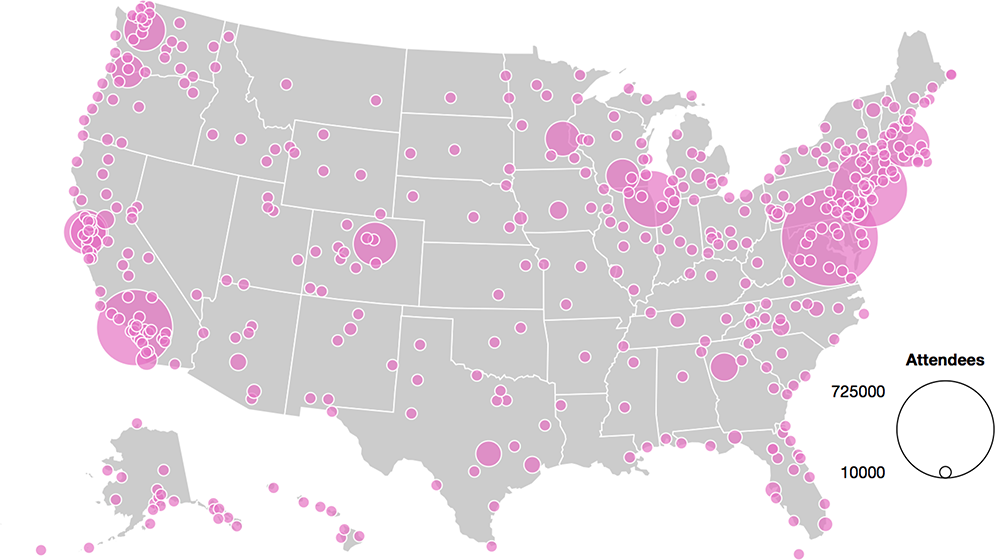 Map showing the size and location of Women's Marches, American protests in support of women and women's rights. Source data from the Count Love website
