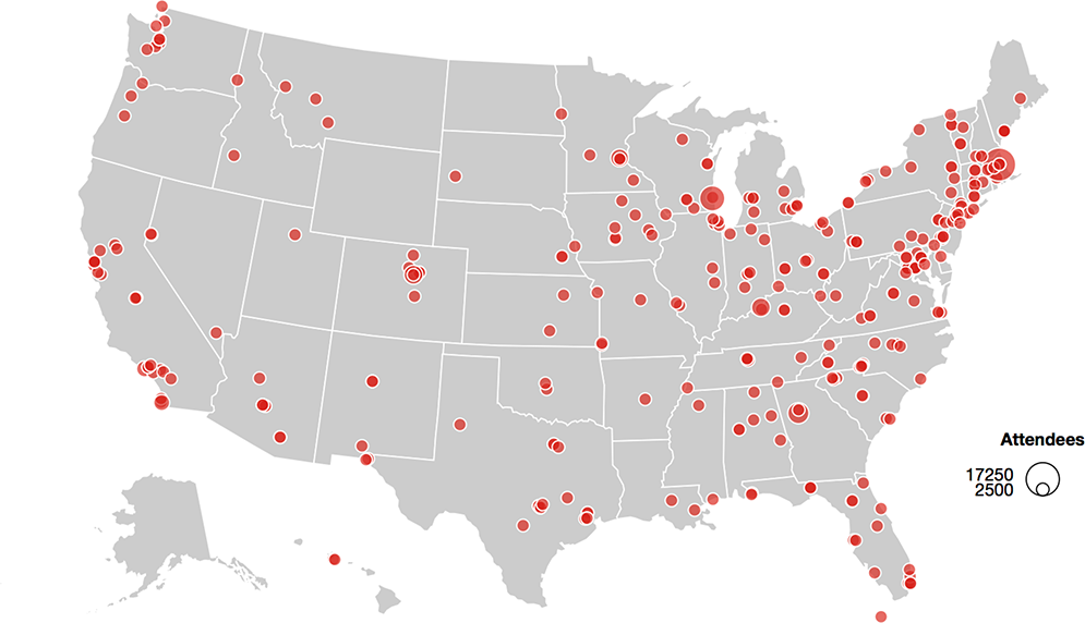 Map showing the protest statistics on size and location of American protests against Donald Trump's travel ban executive order. Source data from the Count Love website