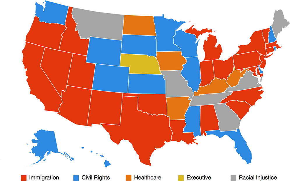 Protest statistics map showing the most commonly protested issues in each state. Source data from the Count Love website