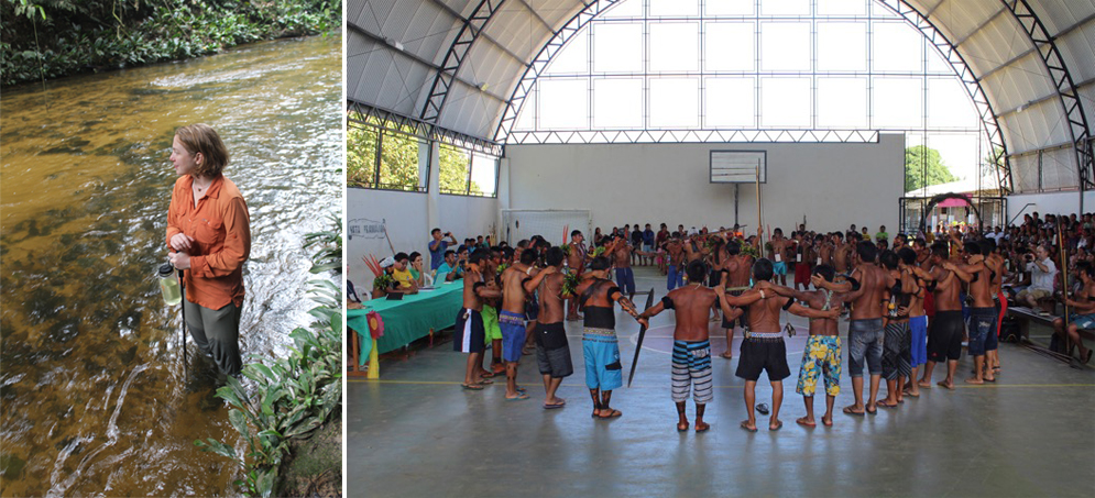 Klinger soaks her feet in the Irokae stream; More than 800 Yanomami attended last summer's annual multiday gathering.