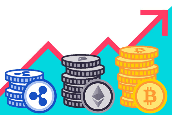 graphic depicting the rising value of Ripple, Ethereum, and Bitcoin