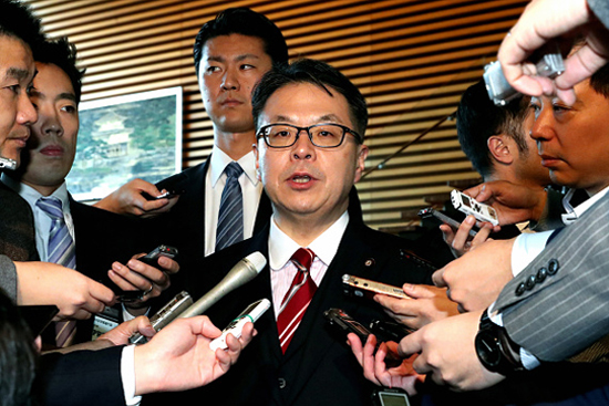 Hiroshige Seko speaks to reporters in Tokyo in 2016 about the Japanese government’s plans for developing nuclear reactors