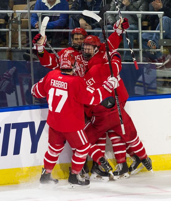Members of the mens hockey team celebrate Jordan Greenway's goal