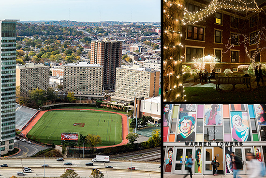 Views from the East, West, and South parts of the Boston University Charles River Campus