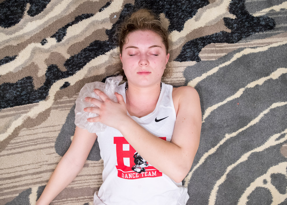 injury Chandler ices her shoulder