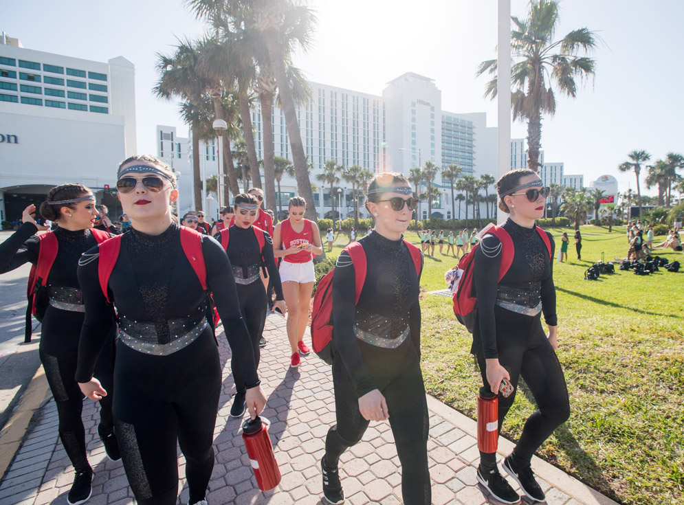 Cristina Bartoletti (COM’19) (from left), Chandler, Maroudas, cocaptain Tiina Lugus (Sargent’18), and Crowley on their way to the Team Dance final at the Daytona Beach Bandshell.