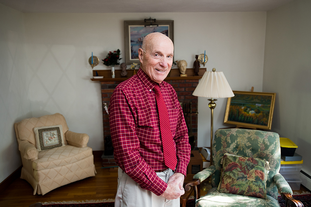 Chris Gussis, 89, has participated in more than 300 medical and health experiments in labs at BU and elsewhere, studying subjects from toothbrush efficiency to multivitamin outcomes. Photo by Cydney Scott