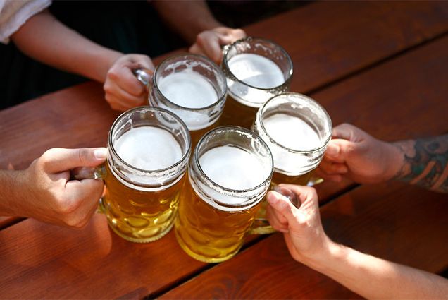 A group of adults cheers while drinking beer