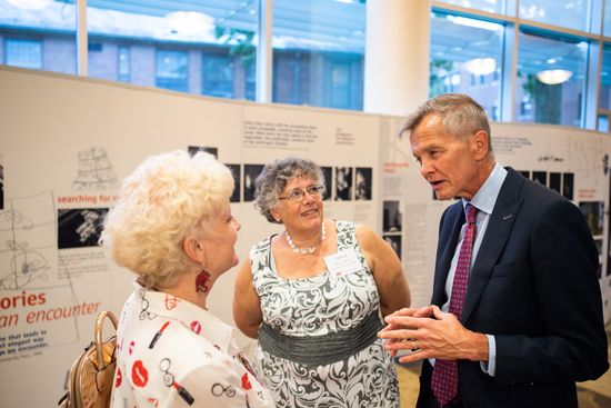 People mingle at a welcome reception for the newly formed Boston University Wheelock College of Education & Human Development.