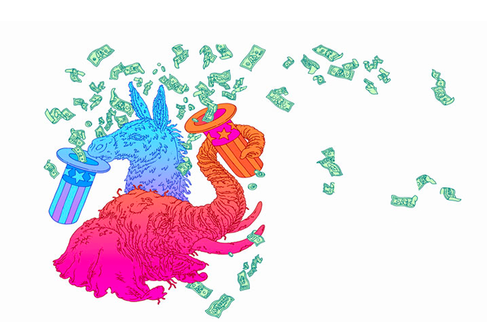 colorful rendition of the democratic and republican political party mascots