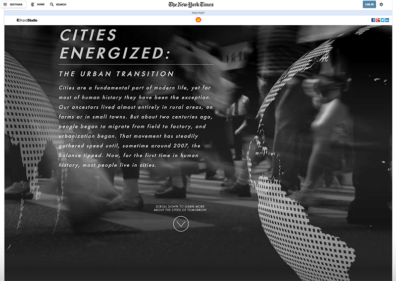 Screenshot of native advertising sponsored content in the New York Times, a paid post by Shell gasoline titled Cities Energized looks like a normal interactive article in the New York Times.