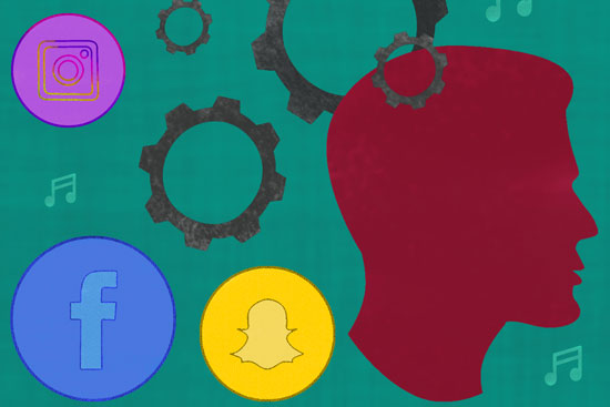 A graphic of a head and social media icons