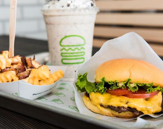 A burger, fries, and milkshake from Shake Shack