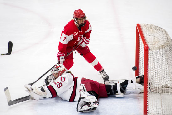 Sophomore Jesse Compher (CGS) reacts to just missing the net after taking a shot on goal during the first period of the championship round of the 41st Women’s Beanpot Tournament at Harvard Feb 12, 2019. Photo by Cydney Scott