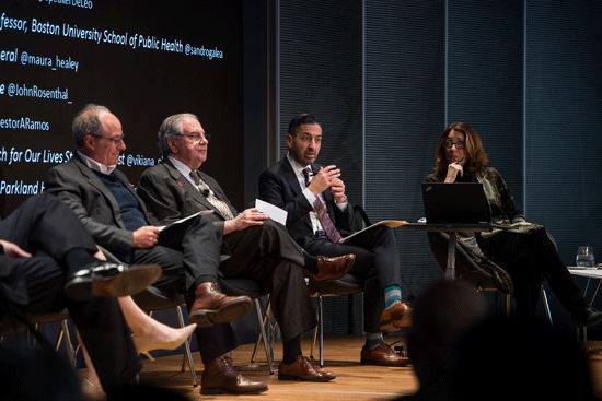 John Rosenthal, Chair, 制止手枪暴力, from left, Robert A. DeLeo, Speaker of MA House, Professor 桑德罗盔状突起物, SPH Dean, and Deborah Becker, panel host and WBUR reporter at the panel discussion about gun control in Massachusetts March 11, 2019 at CitySpace.