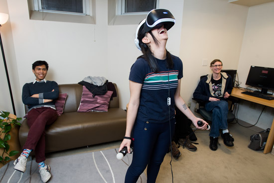 Caolan Disini (CAS'20) from left, Maria Dominguez (CAS'21), and Jared Yellen (CAS'21) with the BU Augmented Reality/Virtual Reality club