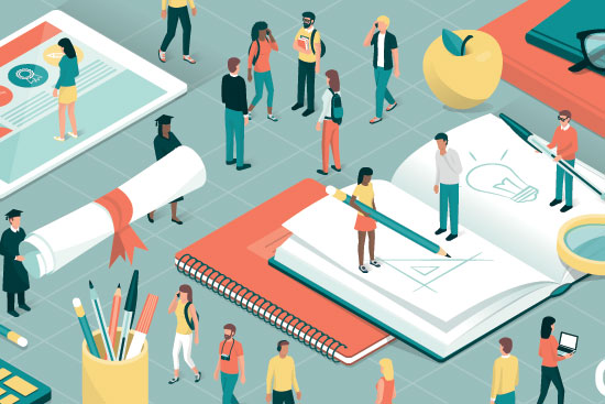 vector drawing of miniature students and teachers standing on top of giant school supplies and collaborating