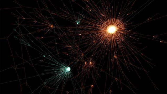 This visualization of Twitter activity shows how tweets about fake news (orange) spread farther than tweets about real news (teal). IMAGE CREDITS: (IMAGE) PETER BESHAI; (DATA) SOROUSH VOSOUGHI, DEB ROY, AND SINAN ARAL