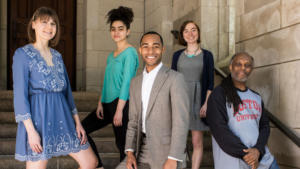 Members of the Class of 2019 selected to speak at Marsh Chapel’s annual “This I Believe” Sunday: Carolyn Hoffman (CAS’19) (from left), Denise-Nicole Stone (CAS’19), Jonathan Allen (LAW’19), Katherine Ward (ENG’19), and Karey Statin (CAS’18, MET'19)