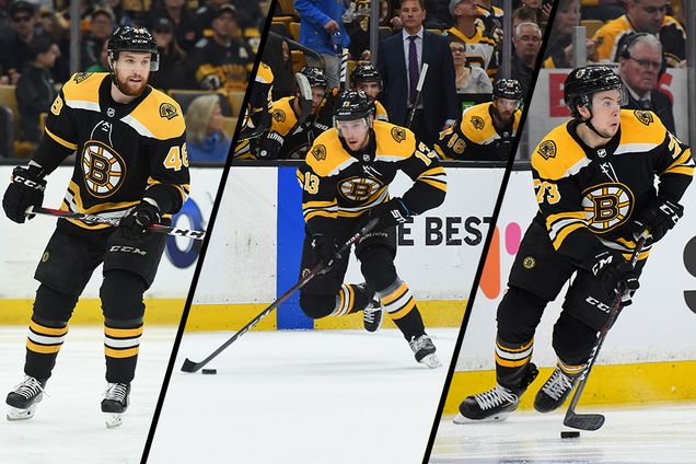 Composite image of Boston Bruins players game photos (from left) Matt Grzelcyk, Charlie Coyle, and Charlie McAvoy.