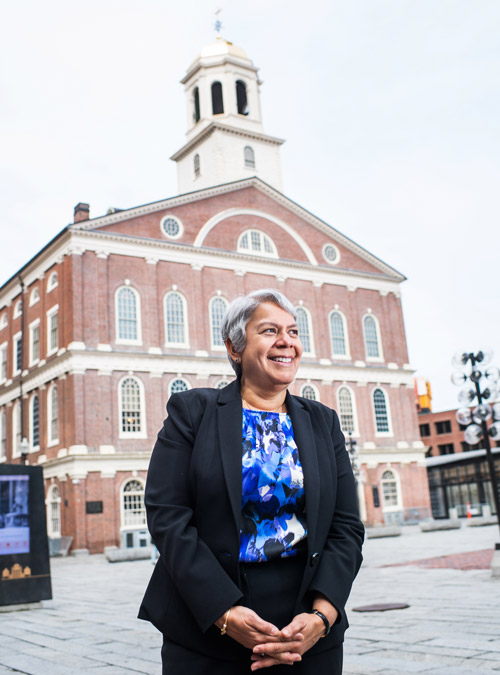 Veronica Serrato stands in front of a government building