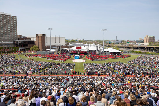 wide angle photo of Nickerson Field during commencement