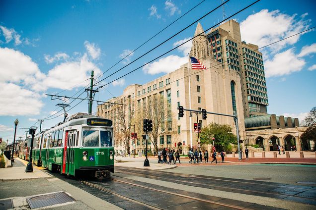 An MBTA Green Line B Train stopped at the Boston University Central T stop on Commonwealth Ave.