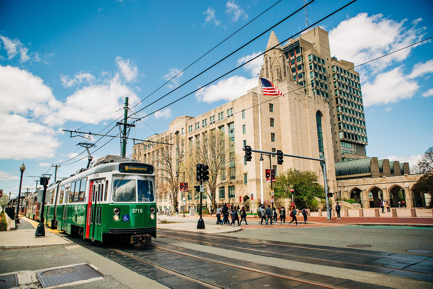 An MBTA Green Line B Train stopped at the Boston University Central T stop on Commonwealth Ave.