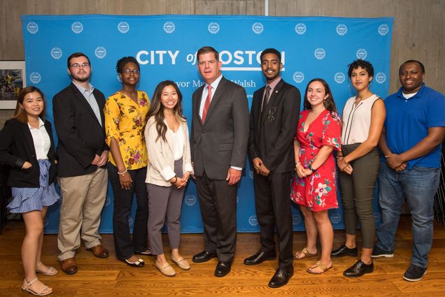 The city hall interns pose with Mayor Walsh