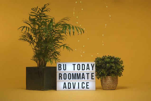 Two house plants on either side of a lightbox sign that says 'BU Today Roommate Advice'