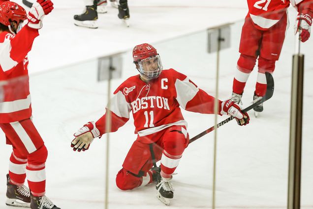 Terrier hockey captain Patrick Curry (SHA’20) celebratesa goal
