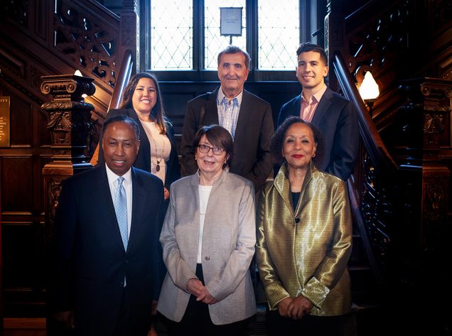 Portrait of the 2019 Boston University Distinguished Alumni Award and Young Alumni Award recipients: Dennis L. Via (front row, from left), Sandra L. Lynch, Carol Jenkins, Pete Souza, (back row, center), Erica V. Mosca (back row, far left) and Andy X. Vargas.