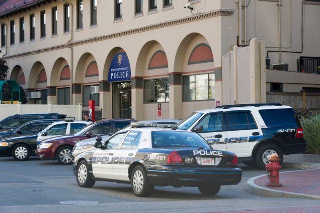 Police cars parked outside of the Boston University Police station