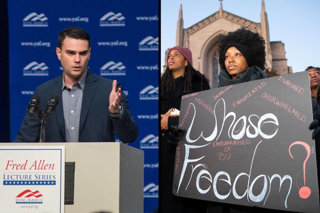 Composite image showing conservative commentator Ben Shapiro delivering a speech at Boston University (left) and African American protestors holding a sign that says 'Whose Freedom?' while demonstrating against Shapiro's appearance at BU.