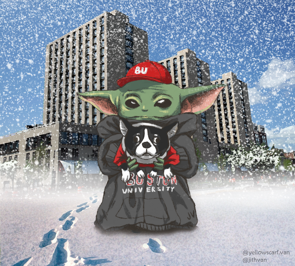 An illustration of Baby Yoda sporting a red BU hat, gray Boston University sweatshirt, holding a Boston Terrier, while standing in front of Warren towers