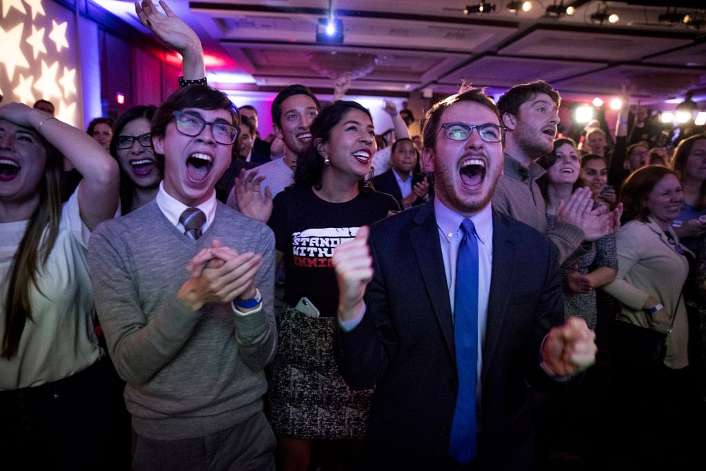 Democrats celebrating at the Hyatt Regency in Washington, D.C., after taking the majority in the House of Representatives in the 2018 midterm elections. 