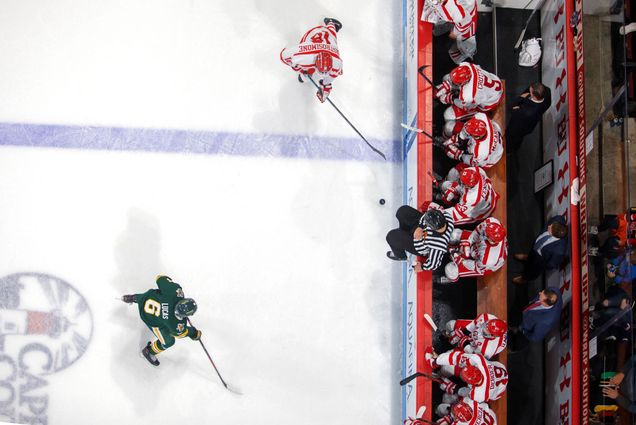 A birds-eye view of the men's hockey team during a game