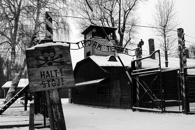 An image of Auschwitz. A sign in the foreground reads "Halt! Stoj!"