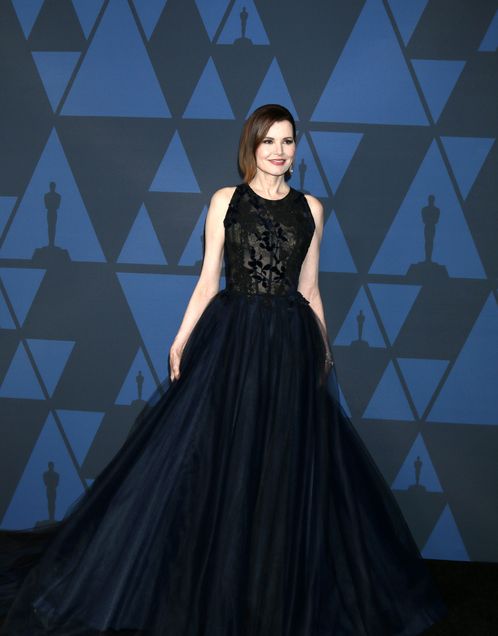 Geena Davis poses for a photo on the red carpet before a ceremony where she was presented the Jean Hersholt Humanitarian Award Recipient by the Academy of Motion Picture Arts and Sciences for her work to end gender inequality in film and television.