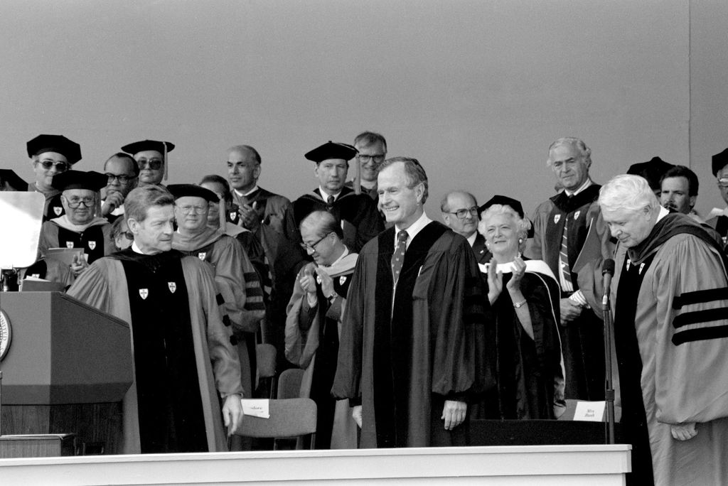 A photo of President George H.W. Bush at Boston University's 1989 commencement.