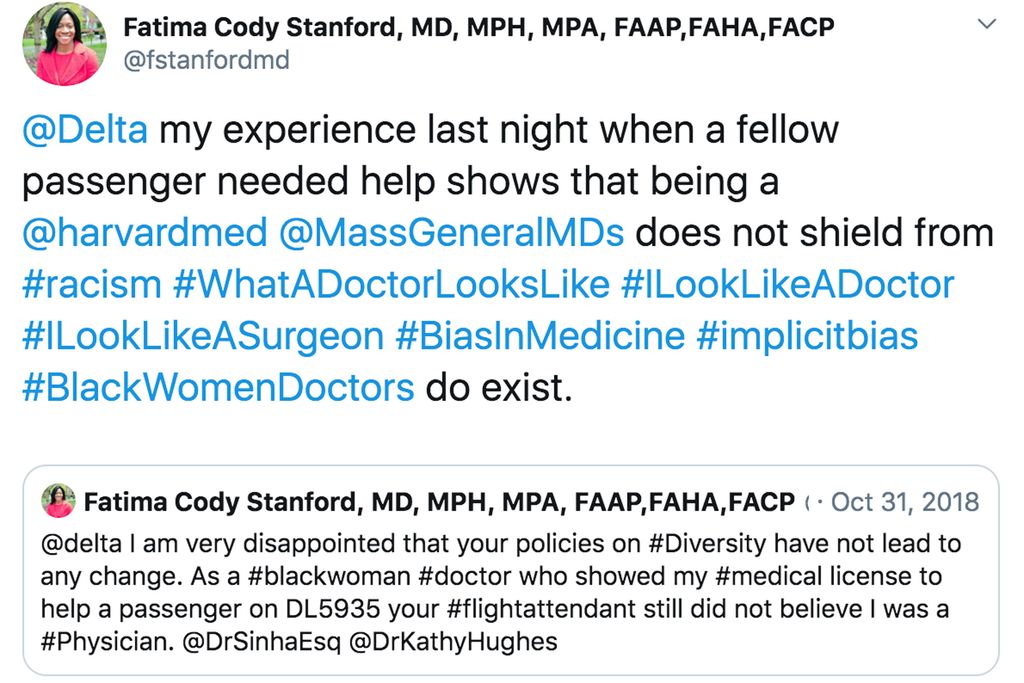 A photo of a tweet from A portrait photo of Fatima Cody Stanford.