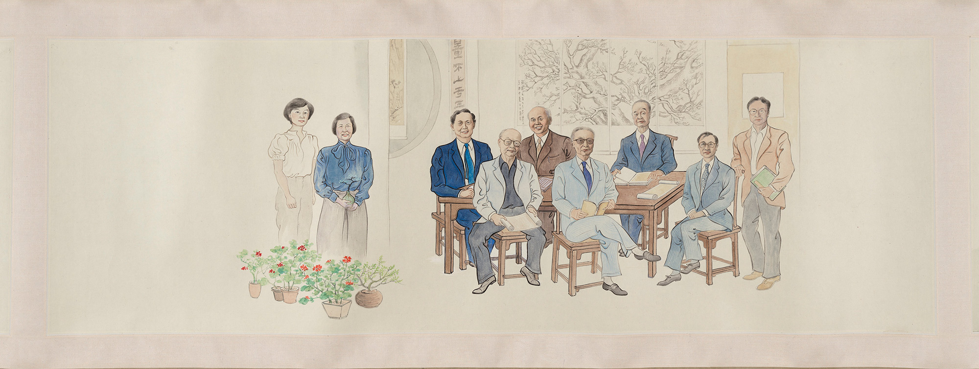 Image of an ink on color paper work, Elegant Gathering at the Laixiju Residence, 1986-90 by Wan-go H. C. Weng. The work depicts Weng (seated, center) surrounded by other prominent Chinese art scholars.