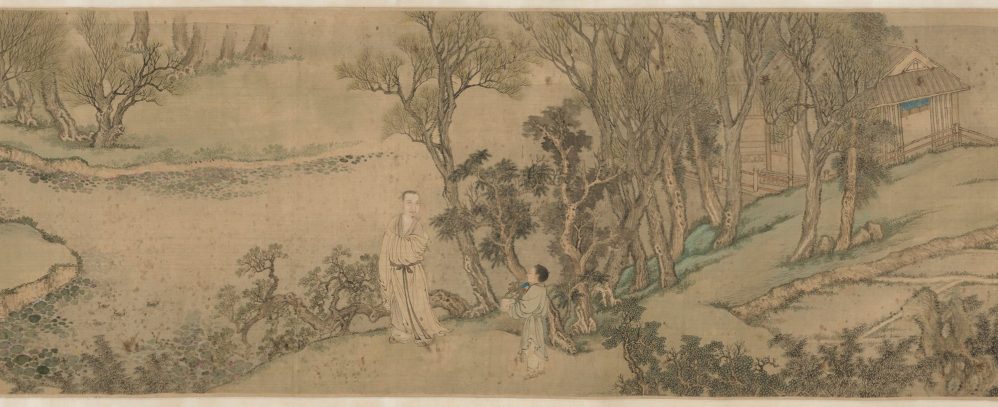 Detail from the work Portrait of An Qi in His Garden (detail), 1698, by Wang Hui and Jiao Bingzhen depicting two people in standing on a hill with some trees and a house in the background.