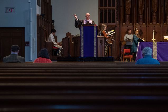 Photo of Rev. Dr. Robert Allan Hill, Dean of Marsh Chapel an in person worship service took place at Marsh Chapel March 15, 2020. Hill encouraged members to stay home and listen via broadcast, but assured that for this last service, the doors would be open. Starting next Sunday, the service will be via broadcast only until at least April 12.