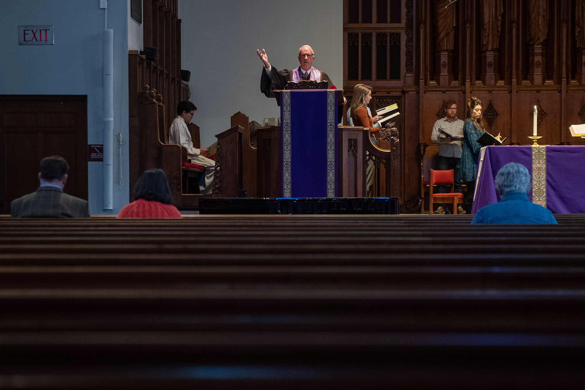 Photo of Rev. Dr. Robert Allan Hill, Dean of Marsh Chapel an in person worship service took place at Marsh Chapel March 15, 2020. Hill encouraged members to stay home and listen via broadcast, but assured that for this last service, the doors would be open. Starting next Sunday, the service will be via broadcast only until at least April 12.