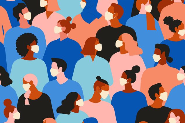 Illustration of a seamless pattern of diverse group of individuals wearing white medical face masks.