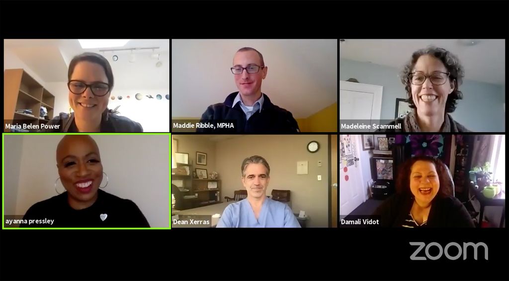 Screenshot from a facebook live call between Maria Belen Power (upper left); Maddie Ribble, MPHA; Madeleine Scammell of GreenRoots, Ayanna Pressley, Dean Xerras, and Damali Vidot on April 22, 2020 discussing the city of Chelsea and COVID-19.